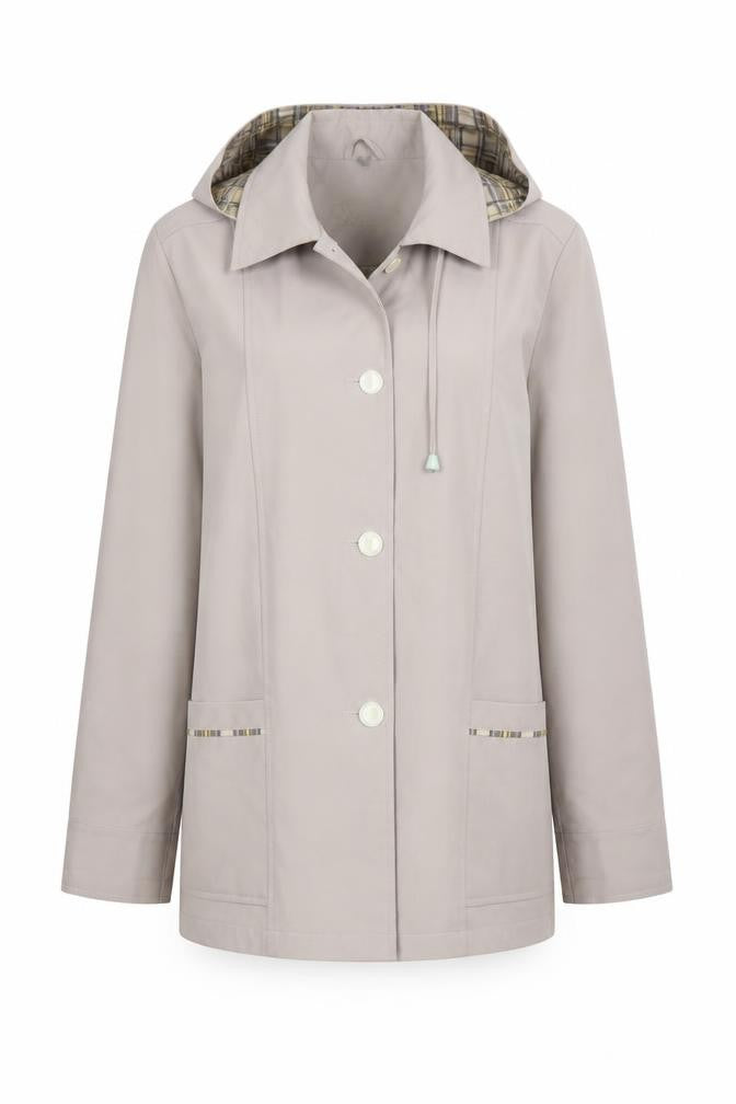 Front view of Finess women’s beige overcoat coat, size UK 14, button