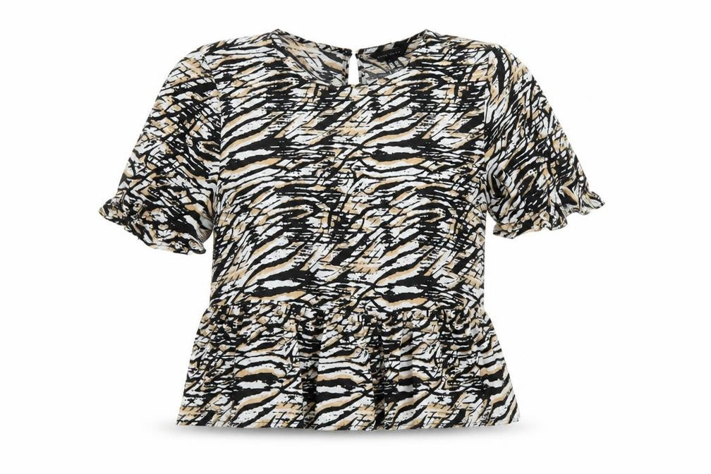 Front view of New Look women’s black animal print polyester basic blouse, size UK 14, round neck