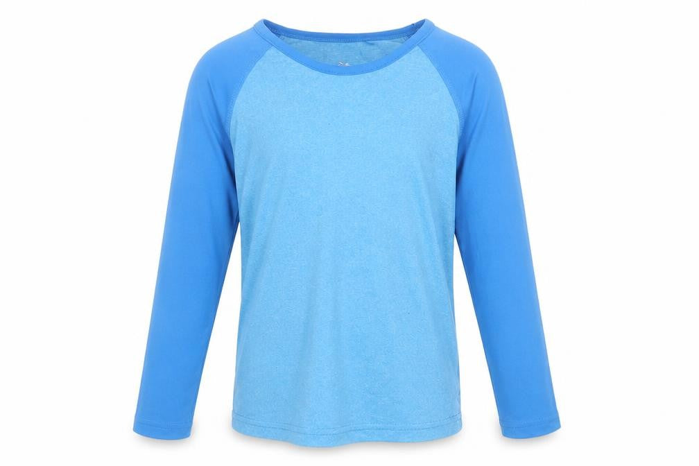 Front view of Crane boys’ blue polyester basic t-shirt, size 7-8, years round neck