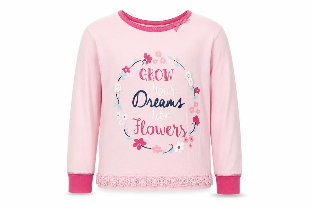 Front view of Matalan girls’ pink solid cotton top pyjama top, size 4-5, years