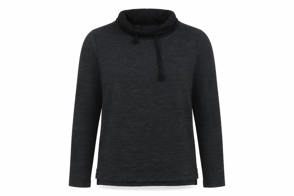 Front view of Barrels & Oil women’s grey striped cotton pullover sweatshirt, size M