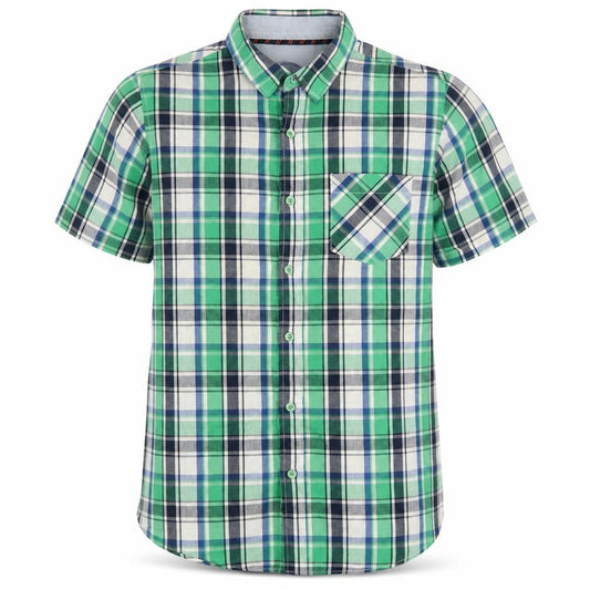 Front view of Brave Soul men’s green check cotton button-up, size M, collared button