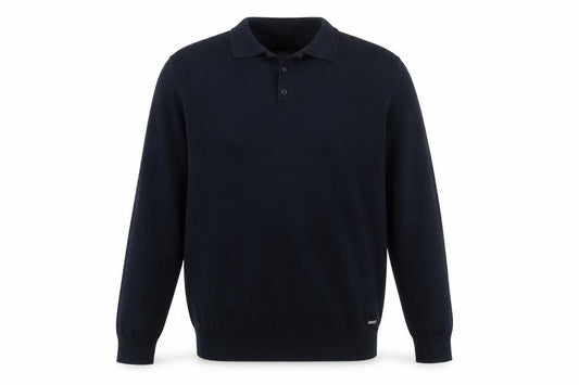 Front view of Soviet men’s blue collared cotton jumper, size M