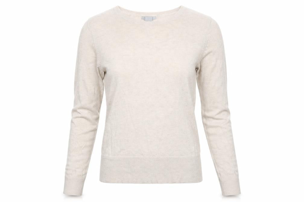 Front view of H&M women’s beige crew neck jumper, size S
