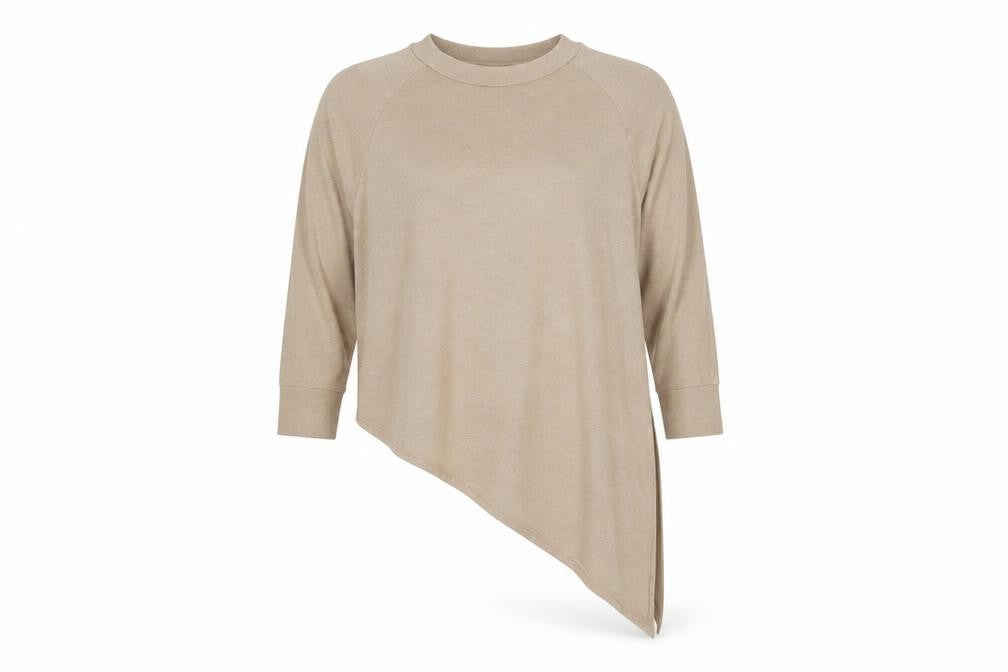 Front view of River Island women’s beige crew neck polyester tunic jumper, size UK 6