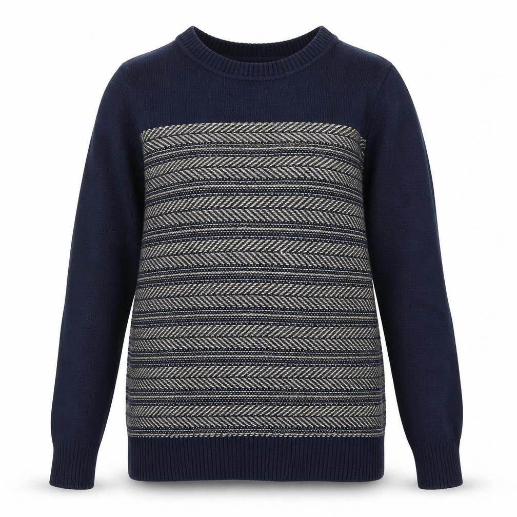 Front view of Next women’s blue round neck geometric cotton jumper, size UK 10