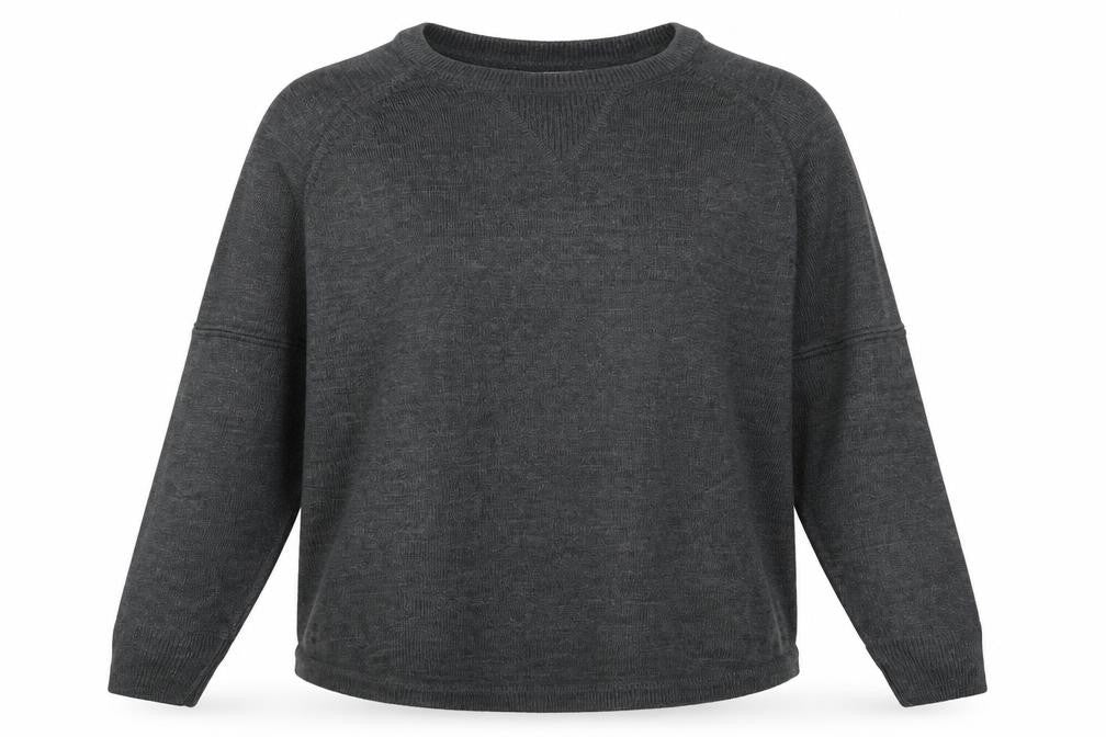 Front view of Sweet Romeo women’s grey round neck acrylic jumper, size M