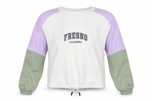 Front view of H&M women’s multicoloured colourblock cotton pullover sweatshirt, size XS, pullover - fresno california