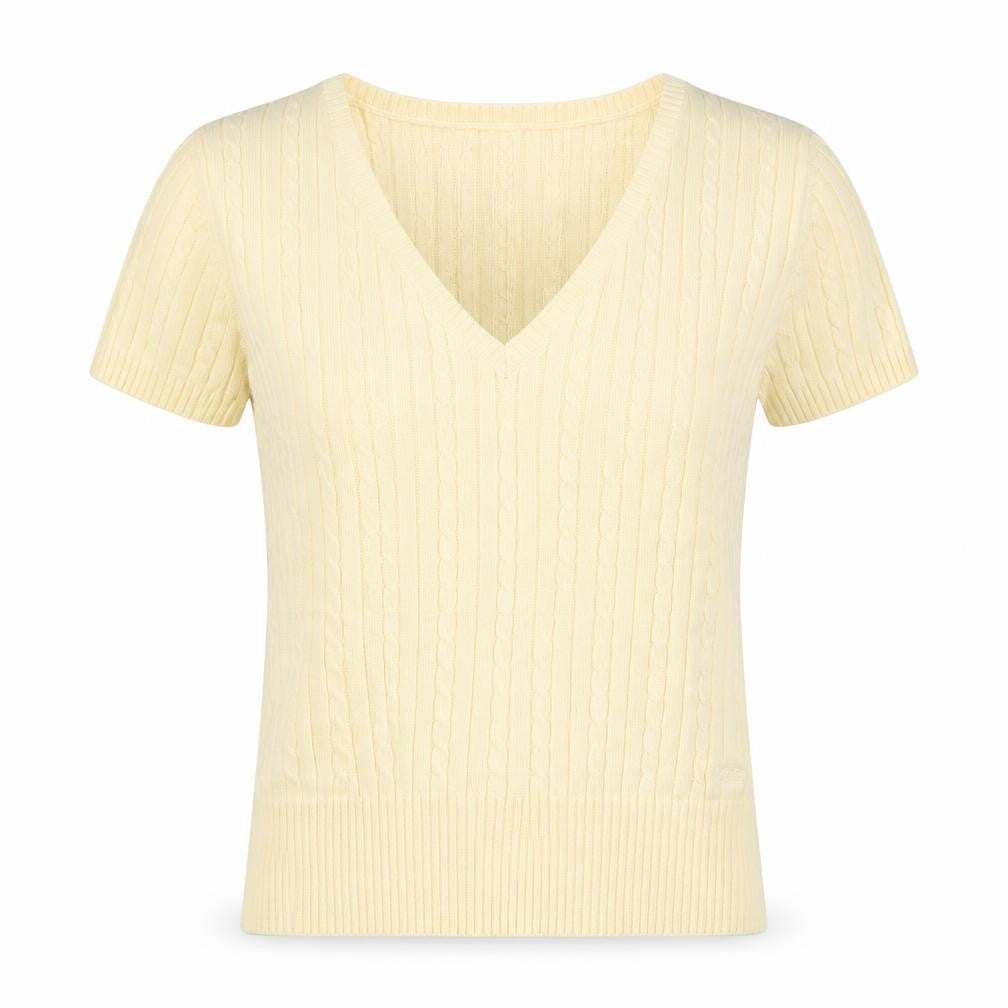 Front view of IZOD women’s beige v-neck cotton jumper, size M