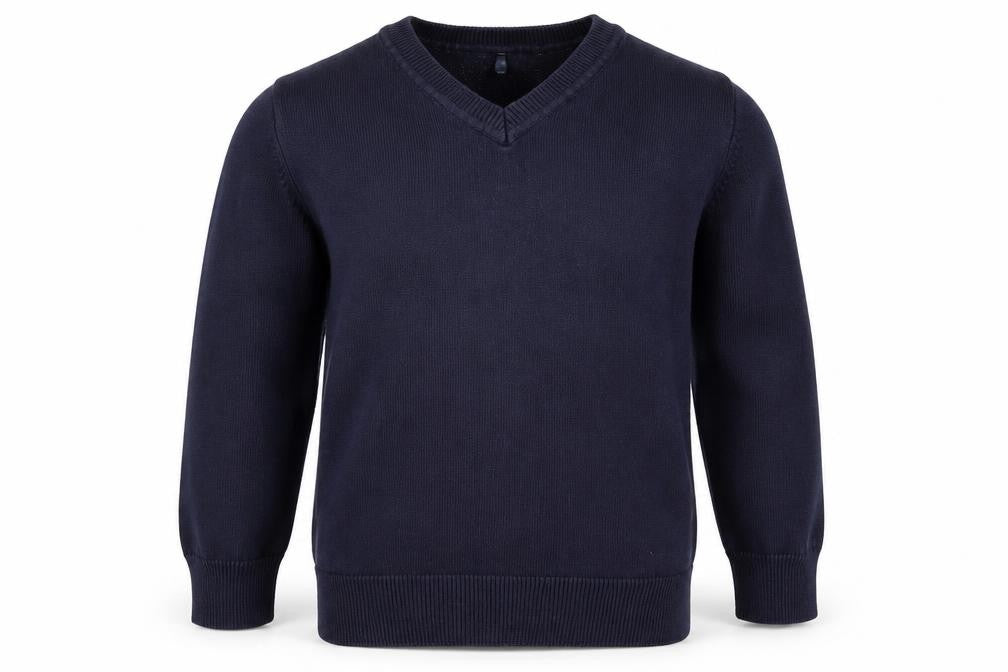 Front view of George boys’ blue v-neck cotton jumper, size 4-5, years pullover