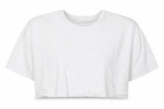 Front view of ASOS women’s white cotton cropped t-shirt, size UK 30, round neck