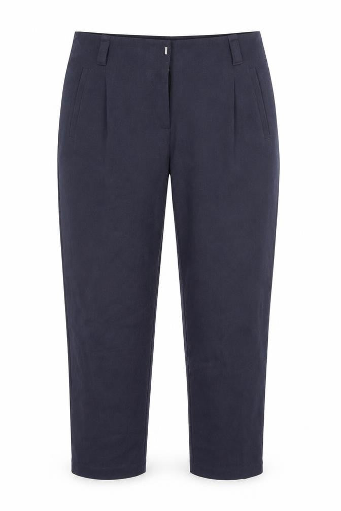 Front view of Preworn women’s blue polyester trousers, size UK 10, 24-inch leg regular hook & eye