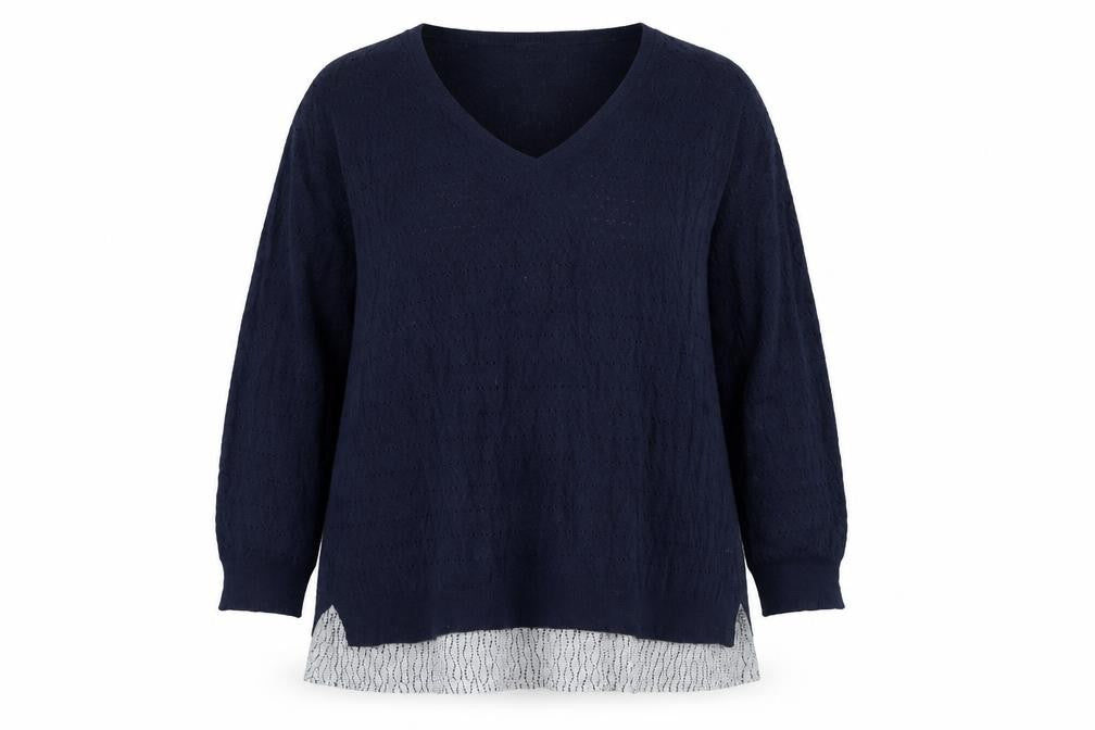 Front view of F&F women’s blue v-neck polyester jumper, size UK 18