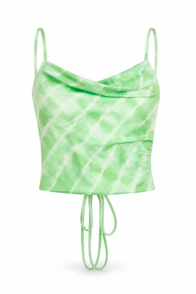 Front view of SHEIN women’s green polyester cropped tank, size S, cowl neck - corset style back