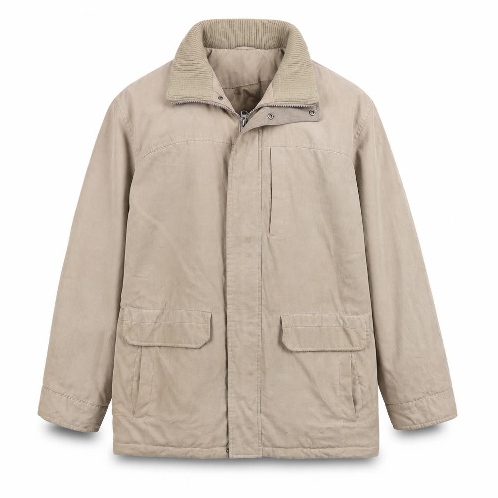 Front view of Debenhams men’s green overcoat coat, size M, zip