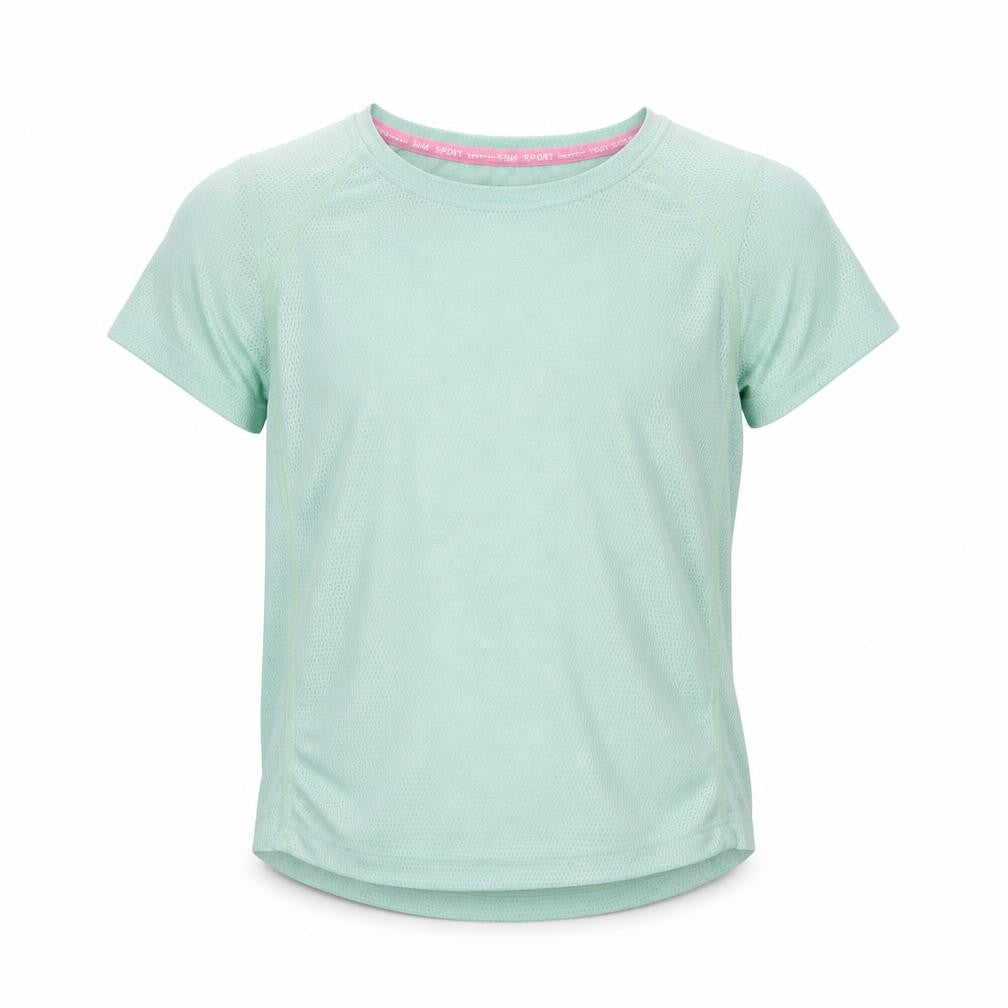 Front view of H&M girls’ green polyester basic t-shirt, size 6, years round neck