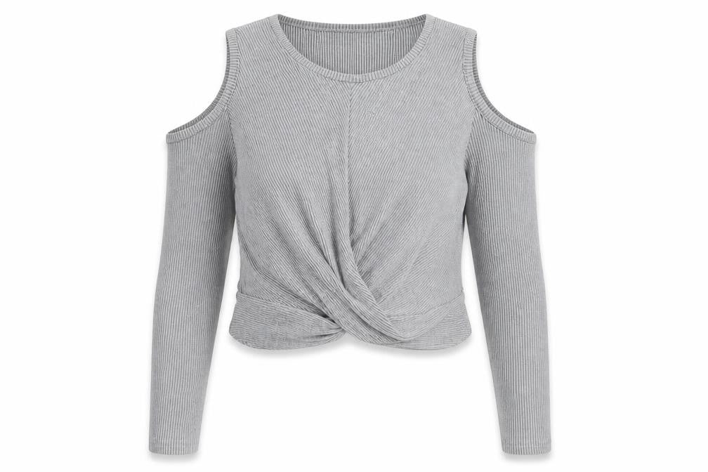 Front view of Miss Selfridge women’s grey round neck polyester jumper, size UK 14