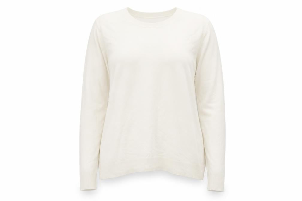 Front view of Marks & Spencer women’s ivory round neck acrylic jumper, size UK 16