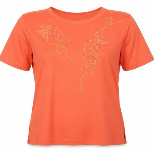Poppy Womens Orange Floral Polyester Basic T-Shirt Size L Round Neck - Embroidered detail