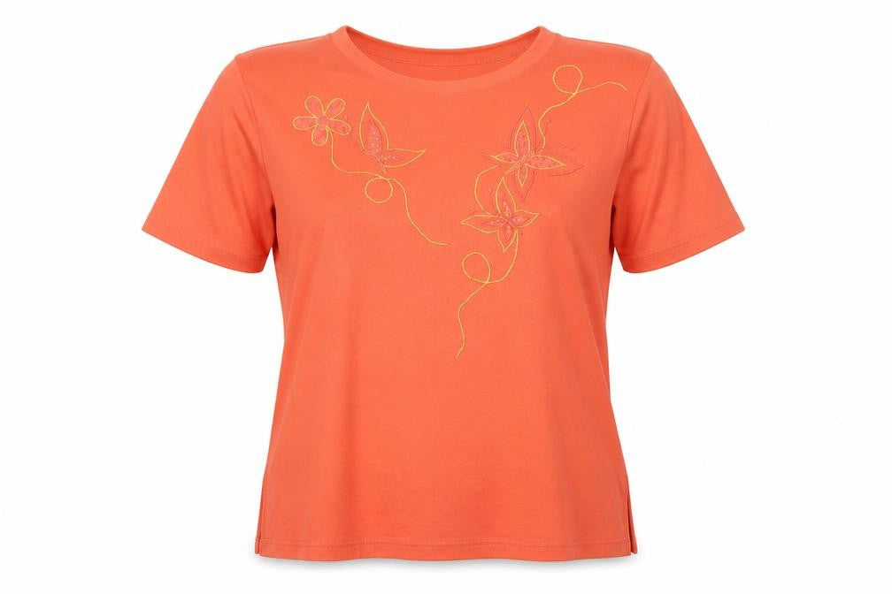 Poppy Womens Orange Floral Polyester Basic T-Shirt Size L Round Neck - Embroidered detail