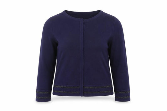 Front view of Papaya women’s blue round neck striped viscose cardigan jumper, size UK 10