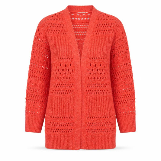 Front view of Papaya women’s red v-neck striped polyester cardigan jumper, size S
