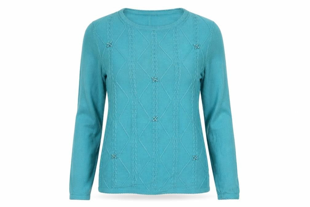 Front view of Bonmarché women’s blue round neck geometric acrylic jumper, size S, - beaded