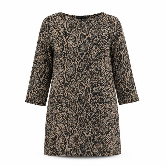 Front view of Dorothy Perkins women’s multicoloured animal print polyester a-line, size UK 12, boat neck