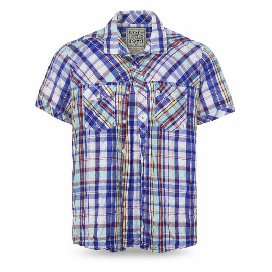 Front view of Easy men’s multicoloured check cotton button-up, size M, collared button - soft