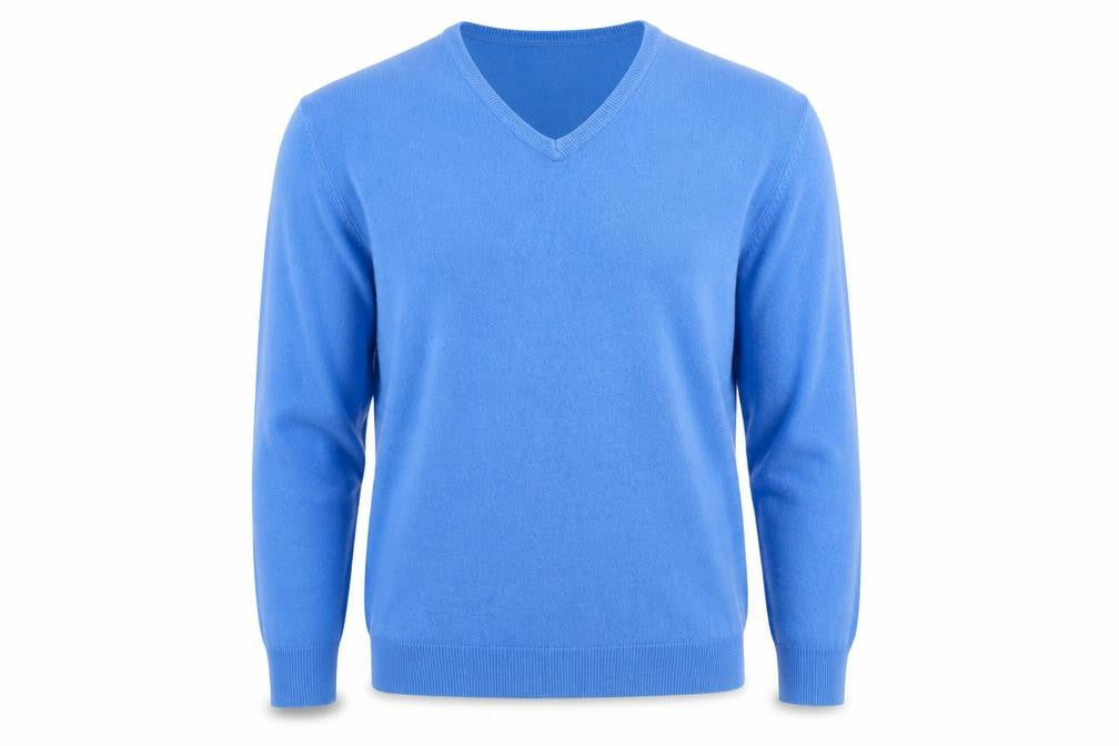 Front view of Marks & Spencer men’s blue v-neck acrylic jumper, size M