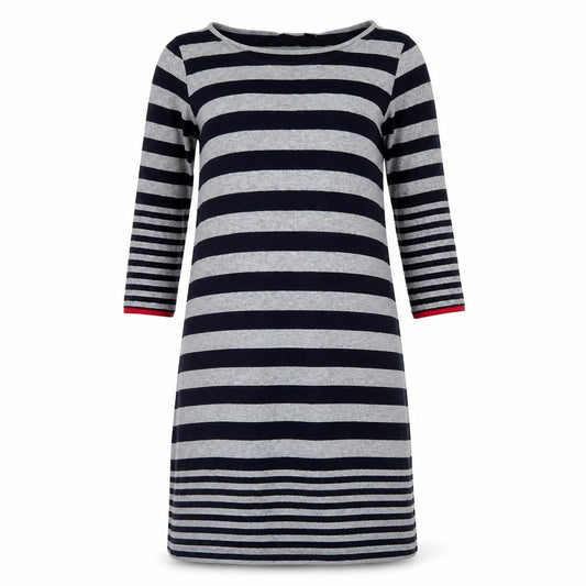 Front view of Autograph women’s grey striped viscose a-line, size UK 12, round neck