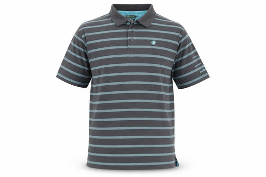 Front view of Backswing men’s grey striped cotton polo, size L, collared button - mergerized cotton