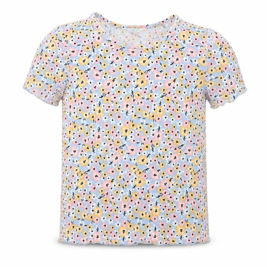 Front view of Primark girls’ blue floral polyester basic t-shirt, size 3-4, years crew neck - lettuce edging