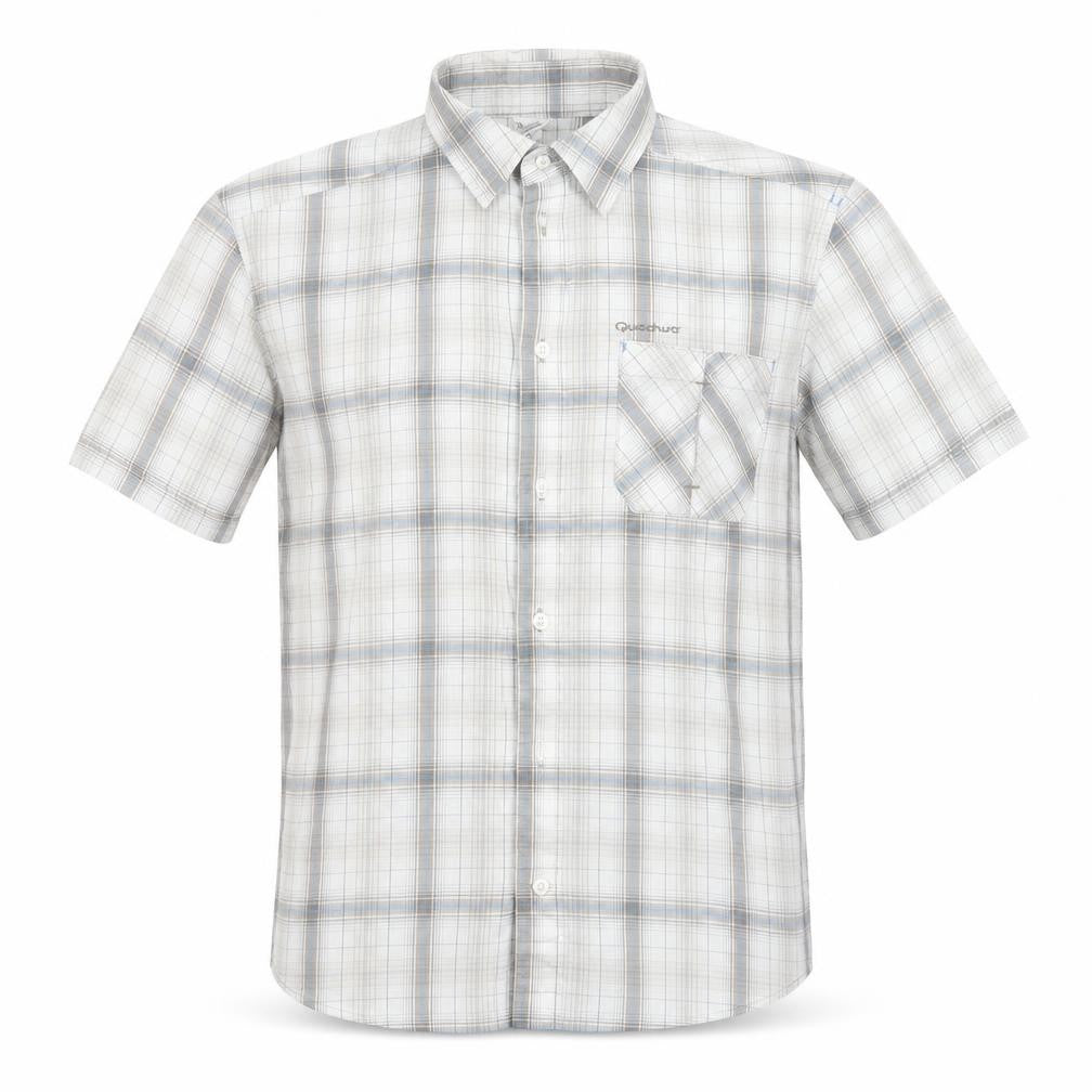 Front view of Quechua men’s ivory plaid cotton button-up, size M, collared button
