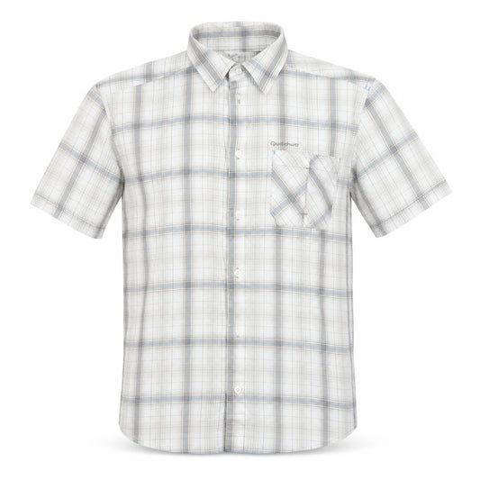 Front view of Quechua men’s ivory plaid cotton button-up, size M, collared button