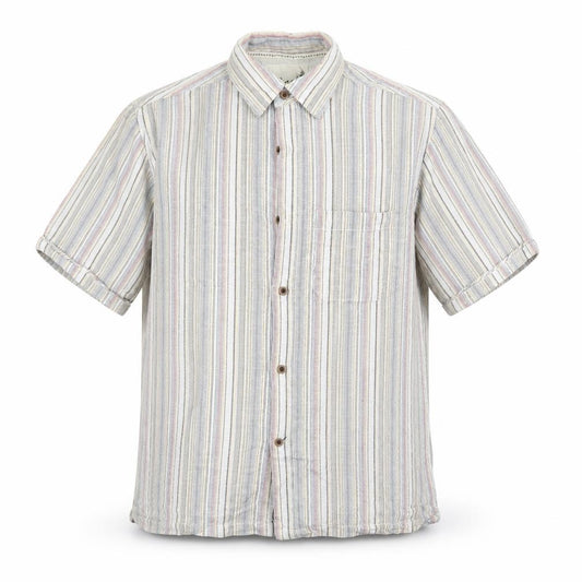 Front view of Easy men’s blue striped cotton button-up, size M, collared button