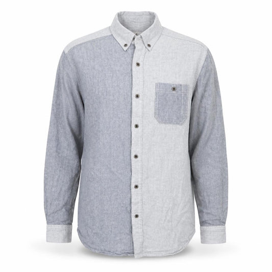 Front view of Irreverence men’s blue cotton button-up, size M, collared button