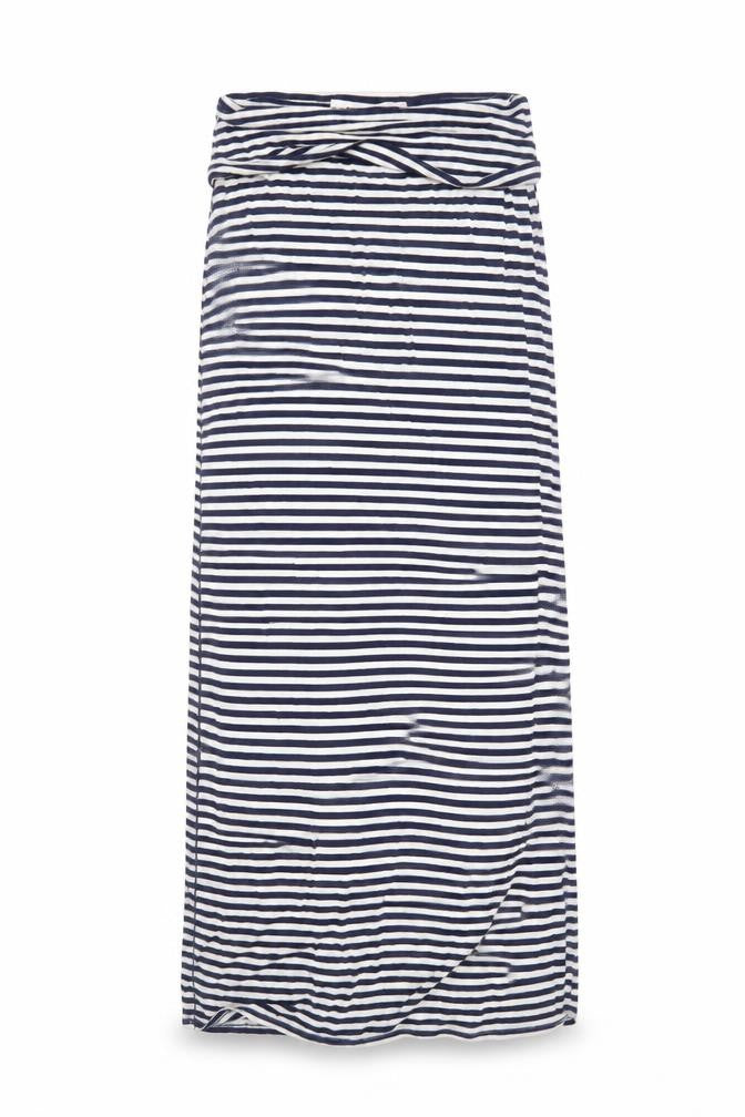 Front view of Max Studio women’s blue striped elastane maxi, size M, off the shoulder