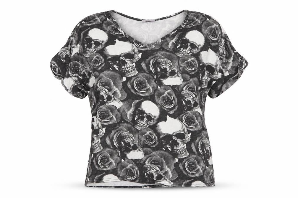 Front view of Style Plus women’s grey floral viscose basic t-shirt, size L, v-neck - skulls