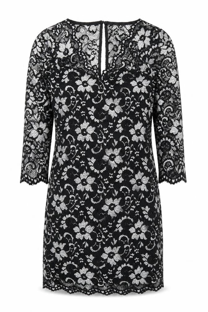Front view of Lipsy women’s black floral viscose shift, size UK 12, v-neck button