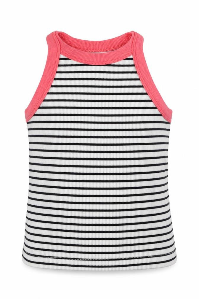 Front view of Nutmeg girls’ white striped cotton basic tank, size 4-5, years crew neck pullover