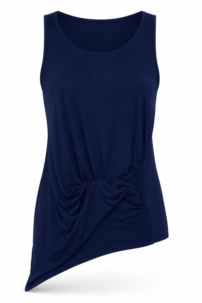 Front view of Harlowe & Graham women’s blue viscose basic tank, size L, scoop neck
