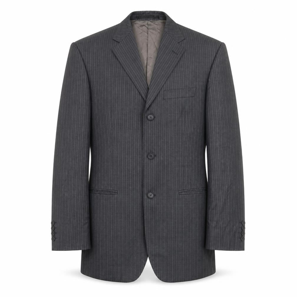 Front view of Marks & Spencer men’s grey striped wool jacket suit jacket, size 38