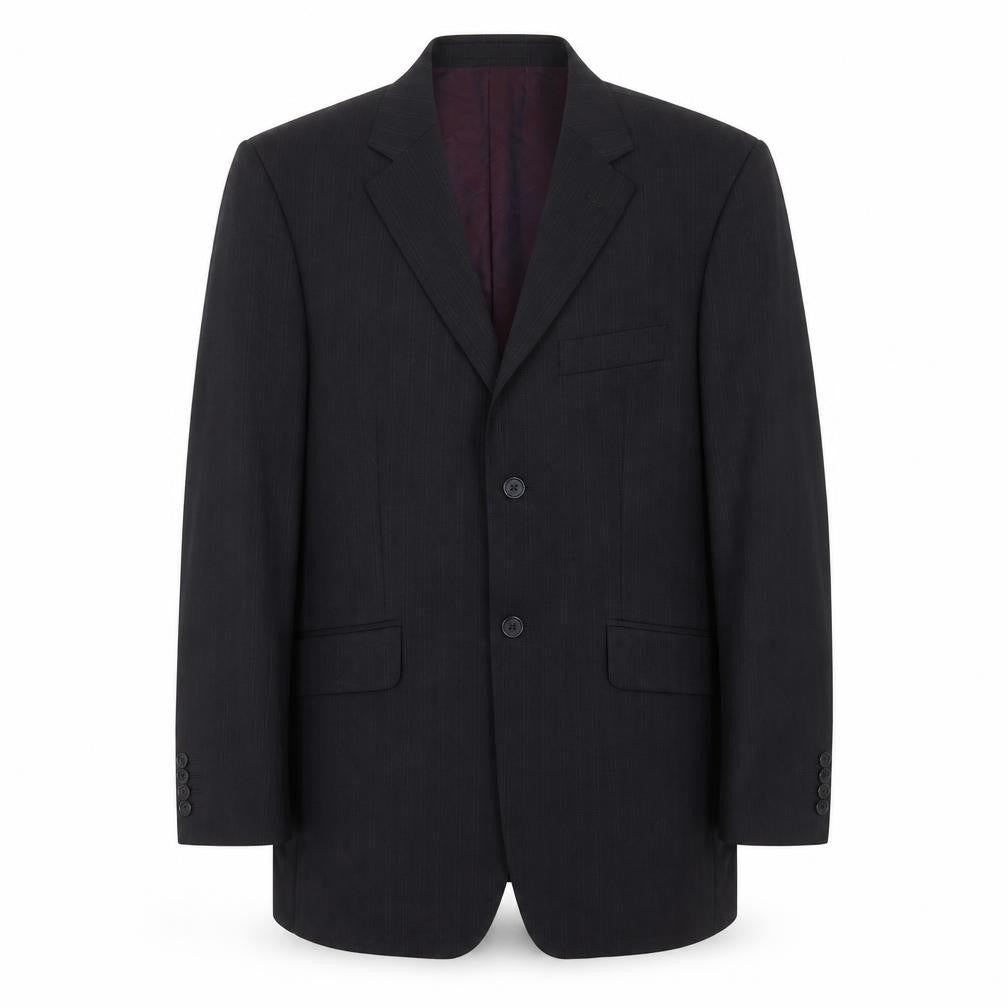 Front view of Burton men’s black striped polyester jacket suit jacket, size 40