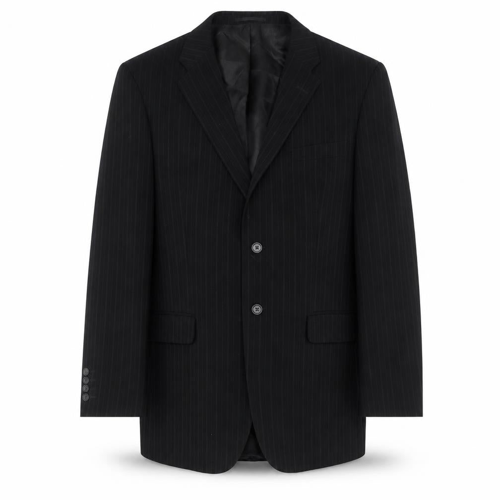 Front view of Milan Collection men’s black striped polyester jacket suit jacket, size 42