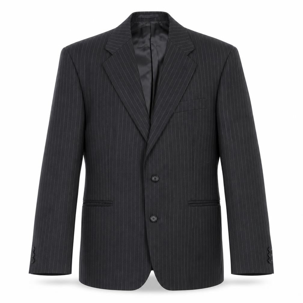 Front view of LABEL men’s grey striped wool jacket suit jacket, size 42
