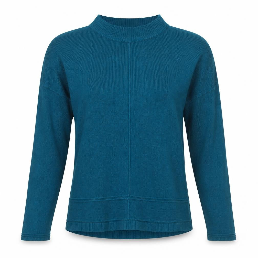 Front view of Vida Vi women’s blue round neck acrylic jumper, size M