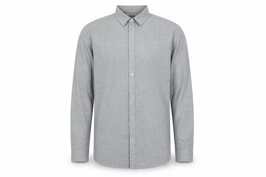 Front view of Easy men’s grey polyester button-up, size L, collared