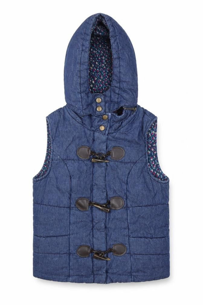Front view of New Look women’s blue gilet coat, size UK 8