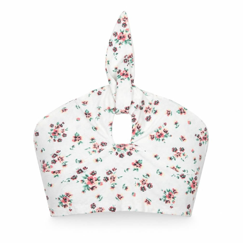 Front view of SHEIN women’s white floral polyester cropped tank, size M, halter